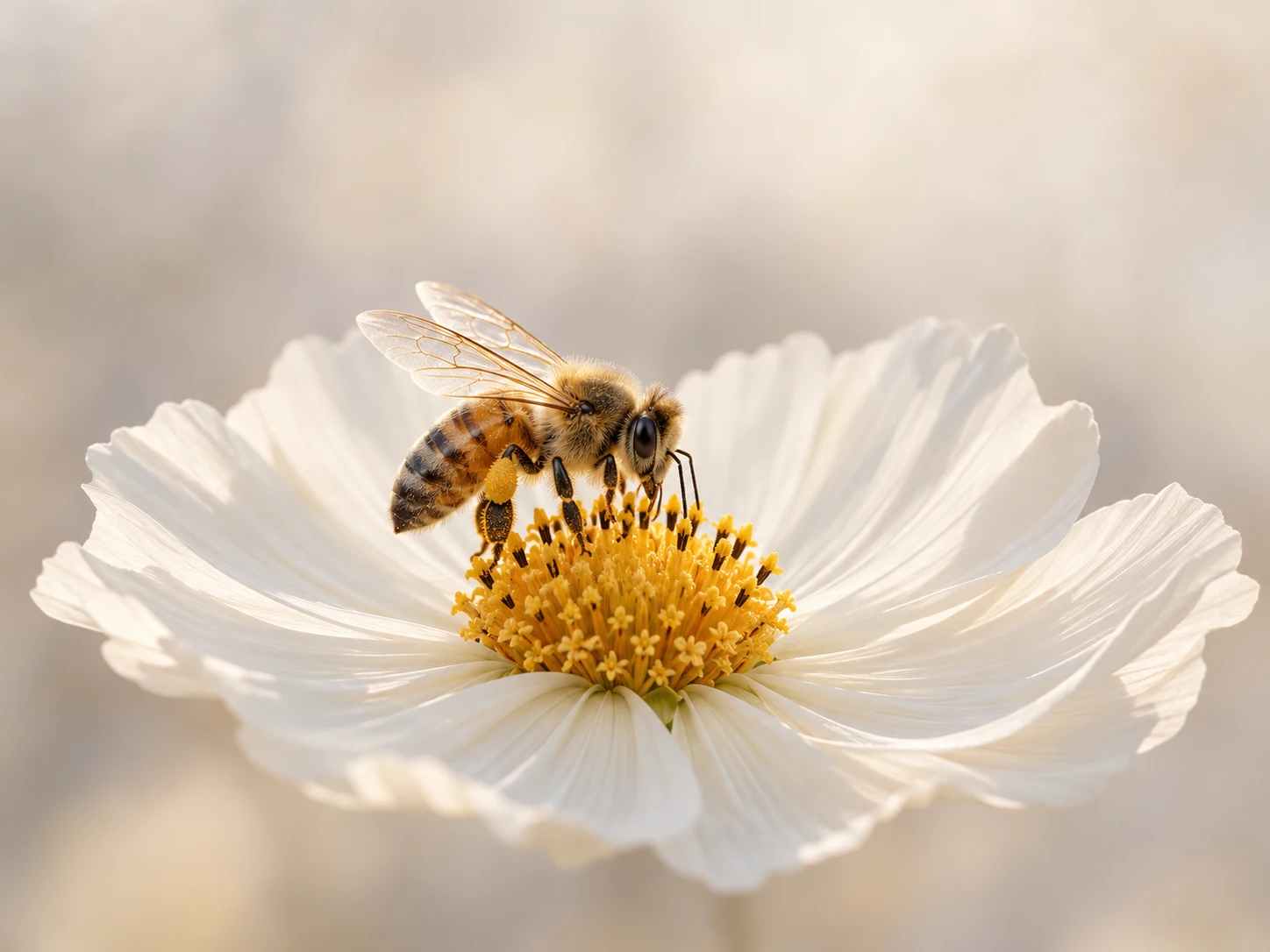 Illustration of a honey bee visiting a white flower